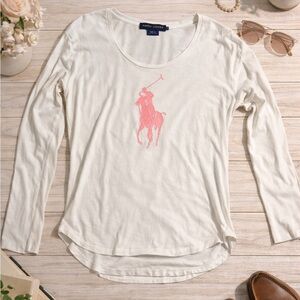 Ralph Lauren Sport White Long Sleeve Tee Pink Pony Logo Women’s XL Preppy Shirt